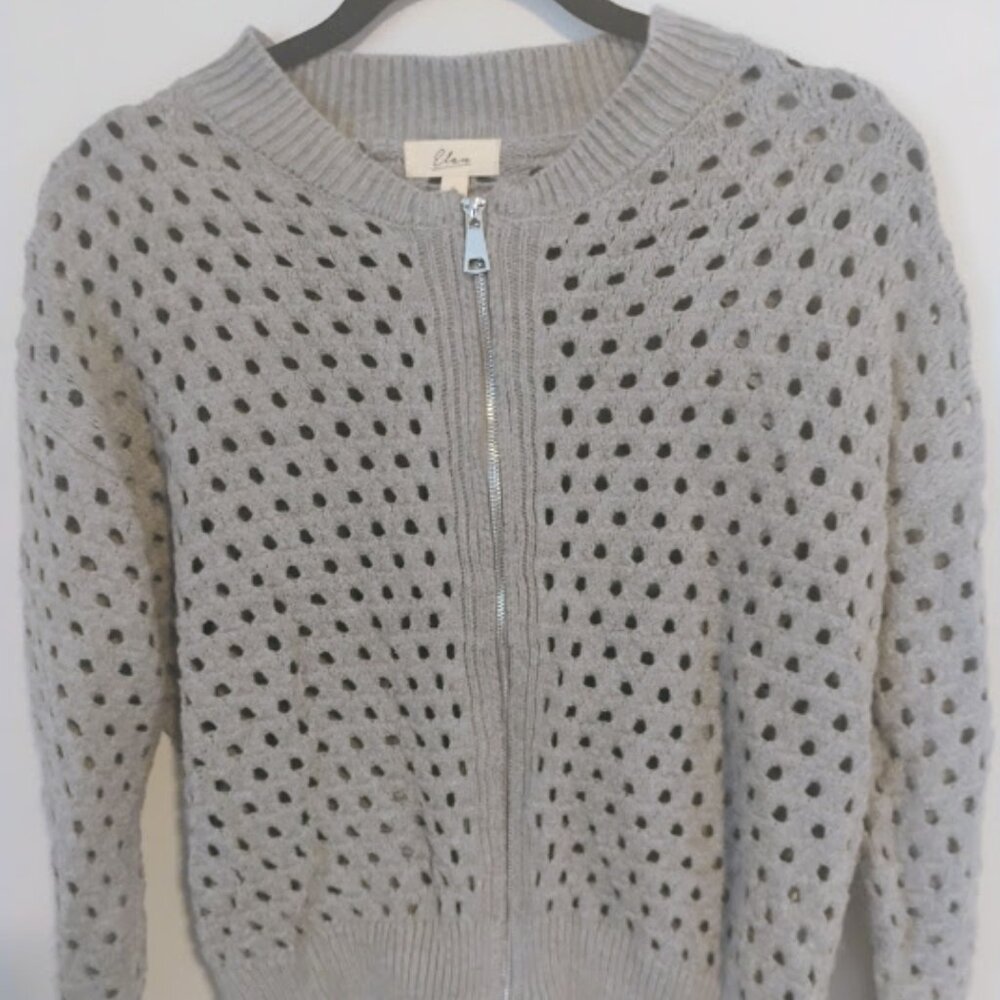 Elan Women's Open-Knit Zip-Up Sweater in Light Gray Size S